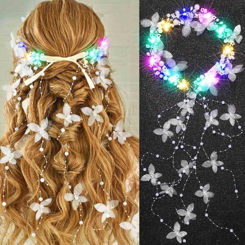 Light Up Butterfly Wedding Headband Bridal Pearl Hair Accessories for Women